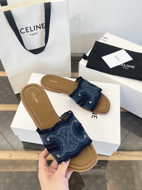 Celine Women's Blue Denim Triomphe Fringe Slide Sandals 1 Celine Women's Blue Denim Triomphe Fringe Slide Sandals