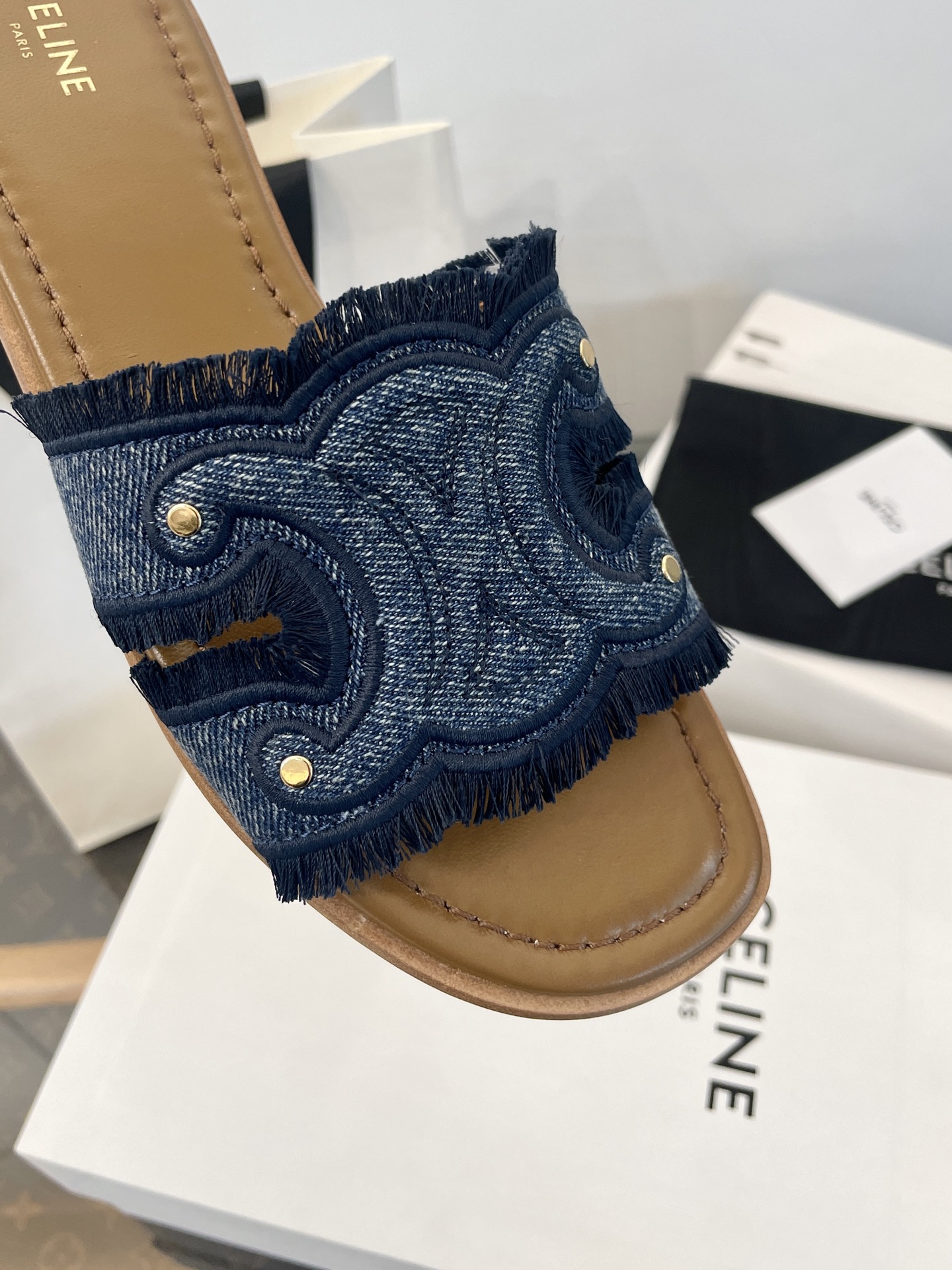 Celine Women's Triomphe Denim Slide Sandal with Fringe Detail - Stylish & Chic 2 i1750527976094 3379 0 0