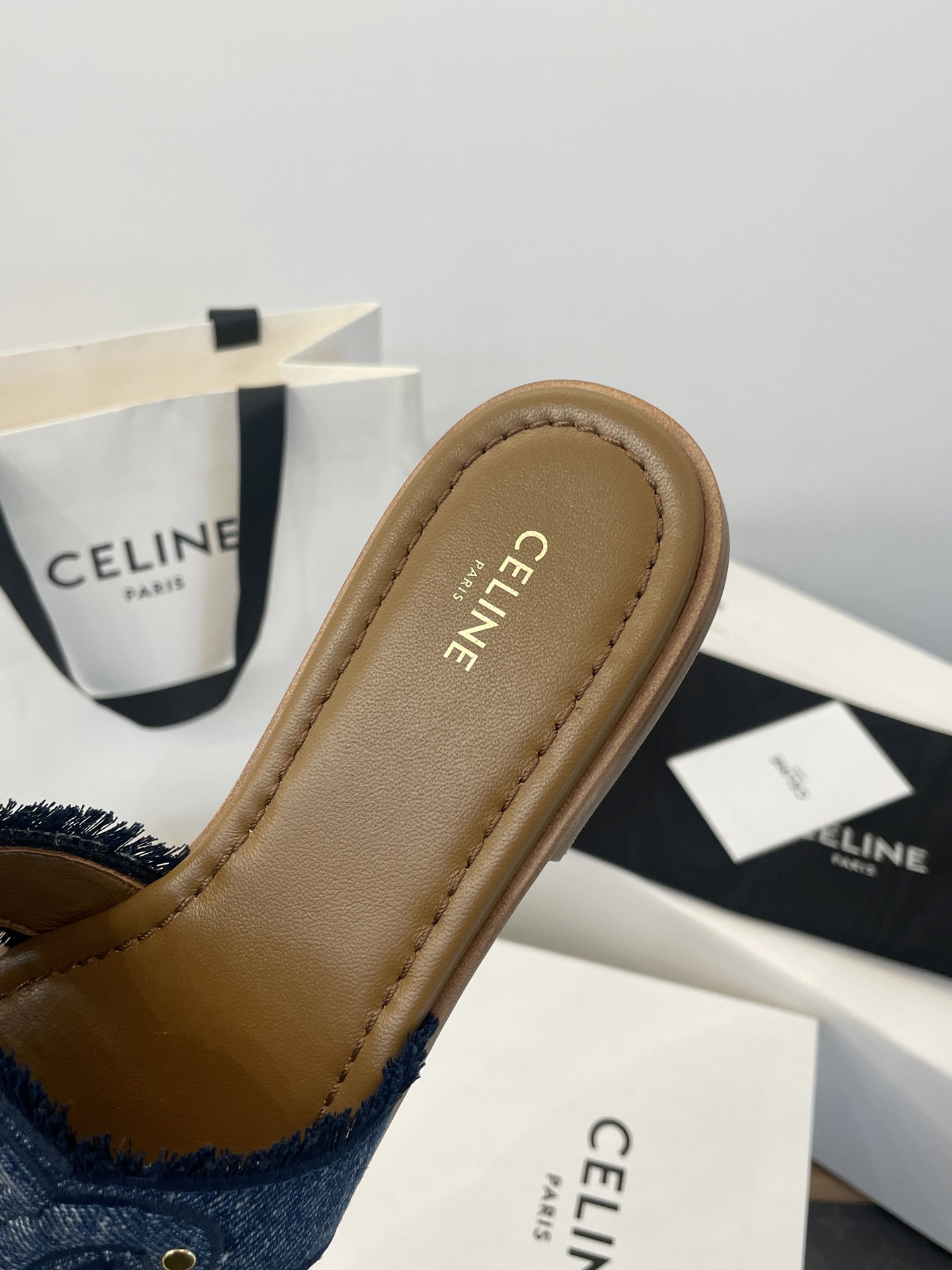 Celine Women's Triomphe Denim Slide Sandal with Fringe Detail - Stylish & Chic 5 i1750527976462 1244 0 3