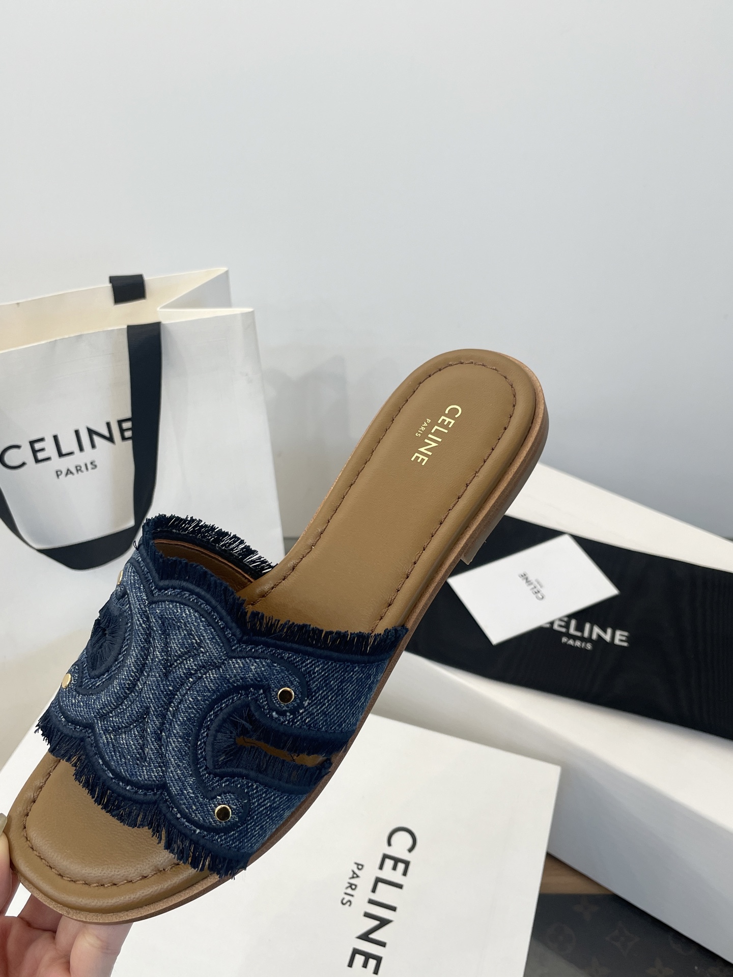 Celine Women's Triomphe Denim Slide Sandal with Fringe Detail - Stylish & Chic 6 i1750527976483 5636 0 4