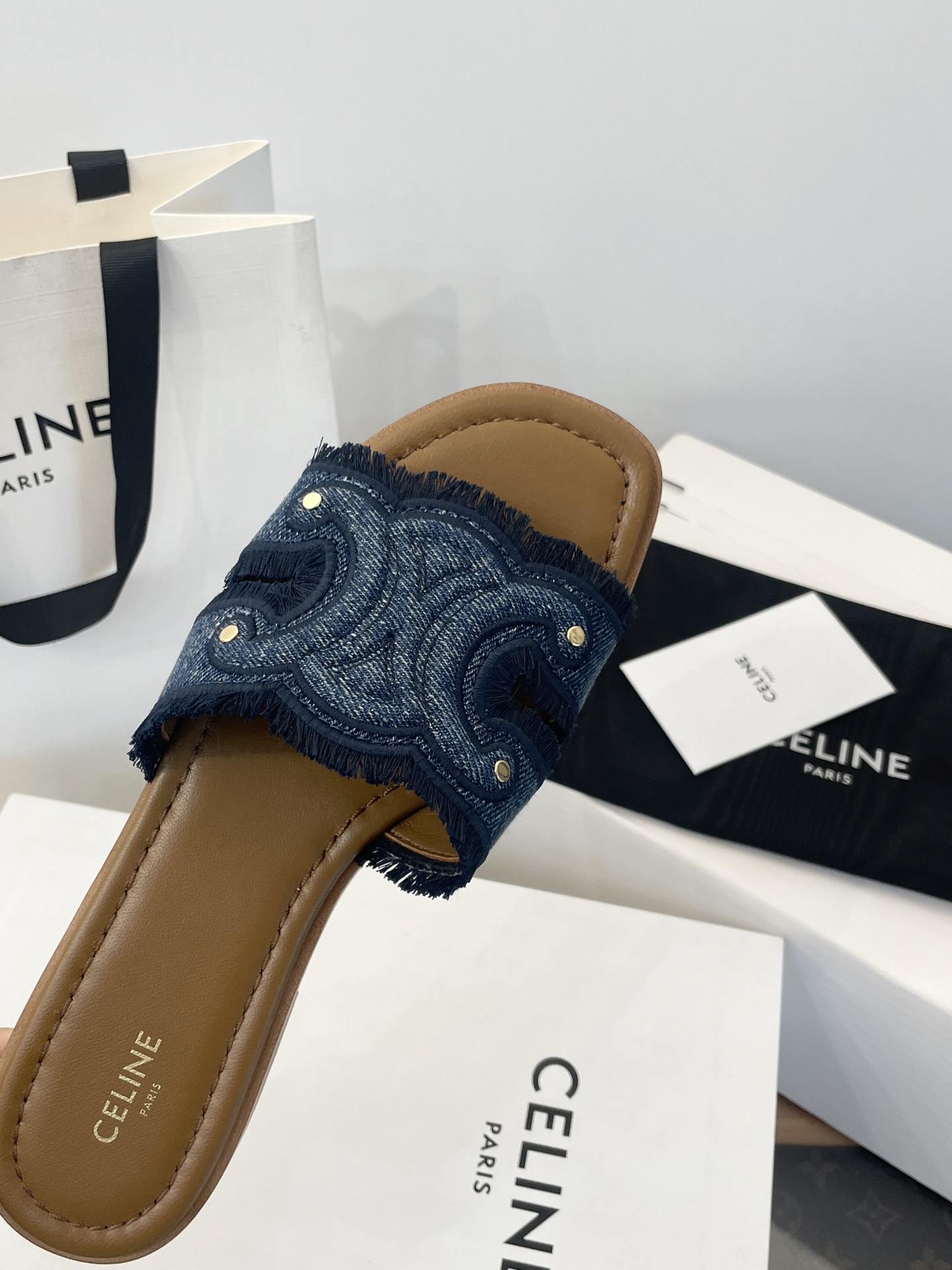 Celine Women's Triomphe Denim Slide Sandal with Fringe Detail - Stylish & Chic 3 i1750527977480 5659 0 1