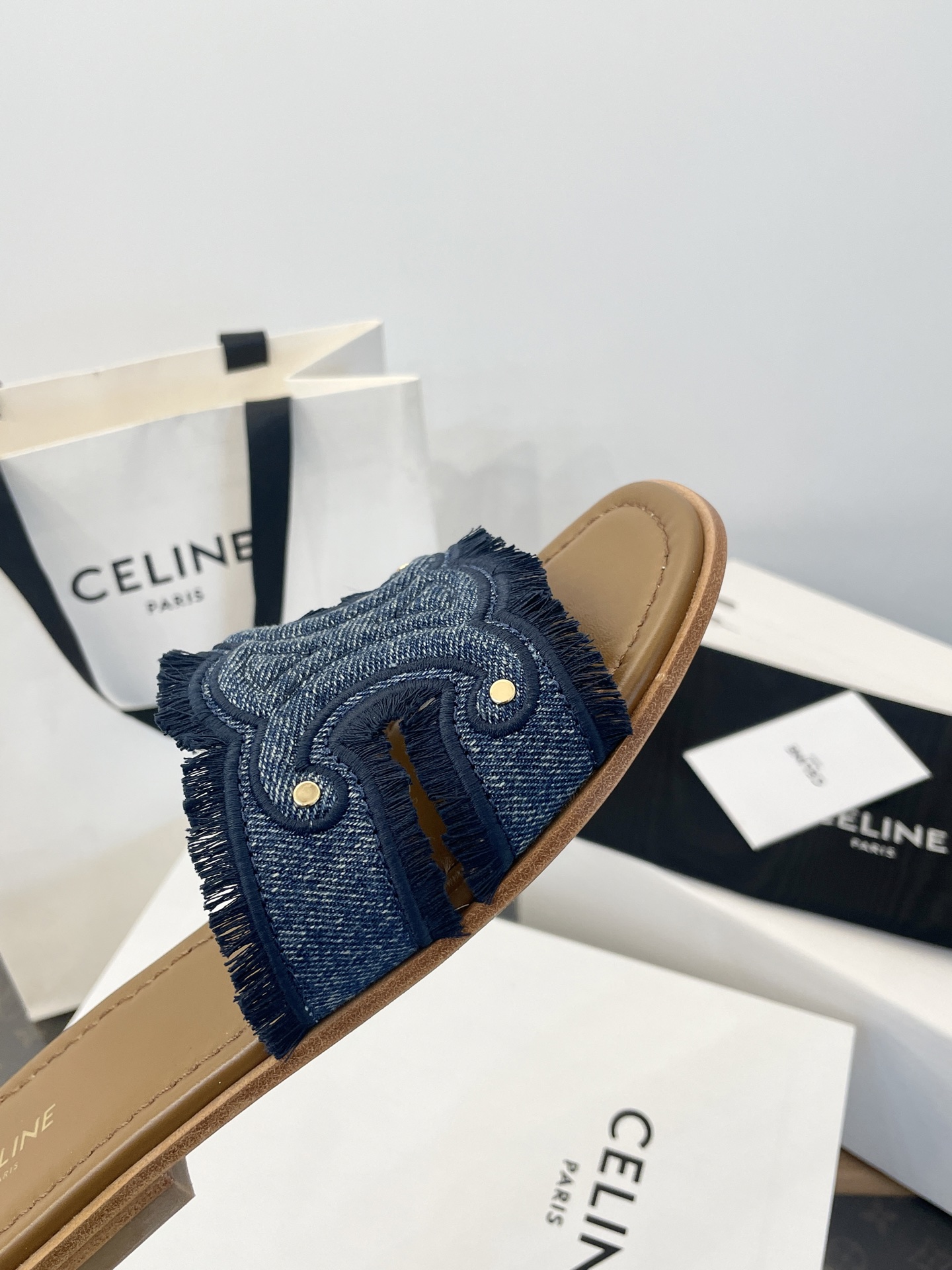 Celine Women's Triomphe Denim Slide Sandal with Fringe Detail - Stylish & Chic 4 i1750527977607 8603 0 2