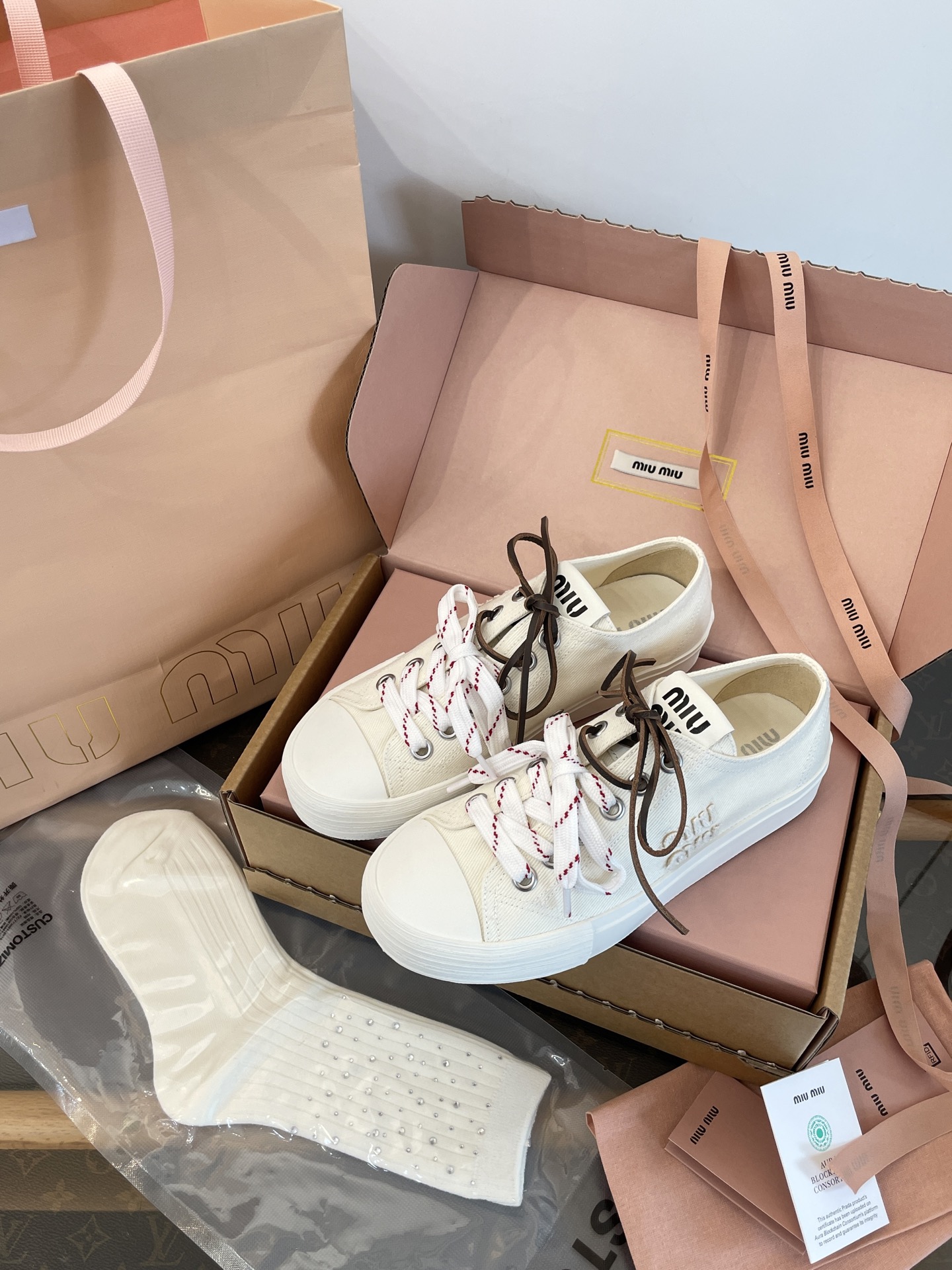 Miu Miu 2025 Lace-Up Canvas Sneakers with Diamond Socks 6 i1755018303585 8902 0 4