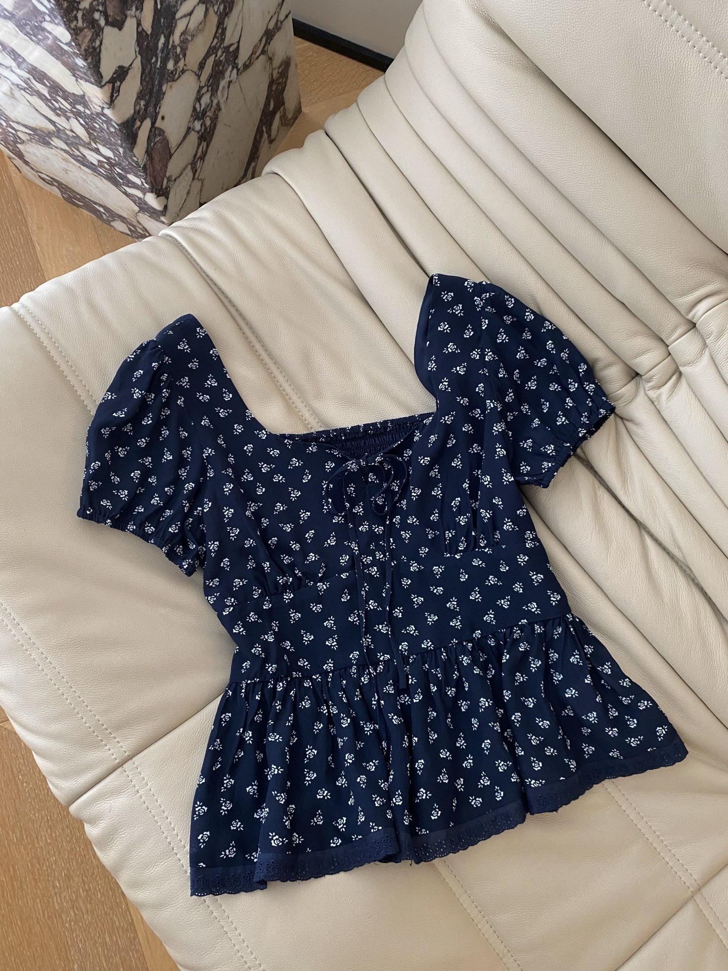 Floral Puff Sleeve Top - Blue Cotton Blouse with Lace Trim 2 i1749983073189 8611 0 0