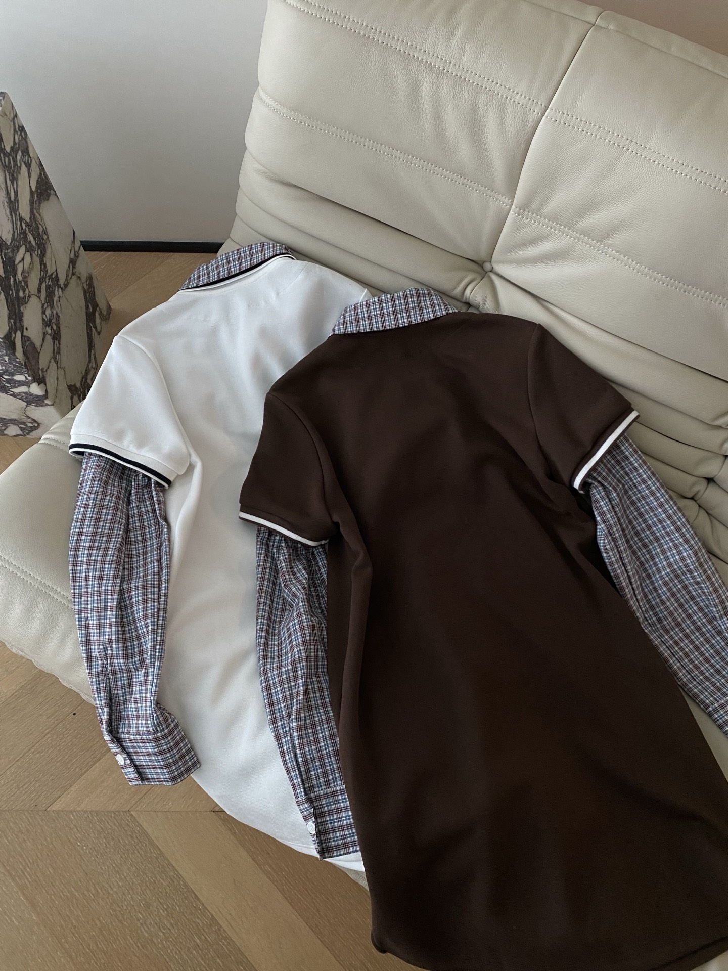 25。F秋冬 MIU撞色格子翻领宽松休闲连衣裙 混纺棉纱线针织半拉链衬衣领拼接假两件即视感 胸前标志性的