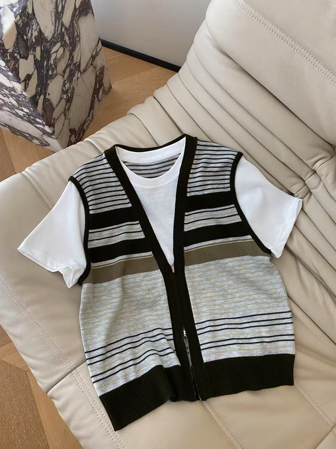 Striped Vest Layered Short Sleeve T-Shirt - Unique Two-Piece Design 2 i1755848370067 4735 0 0