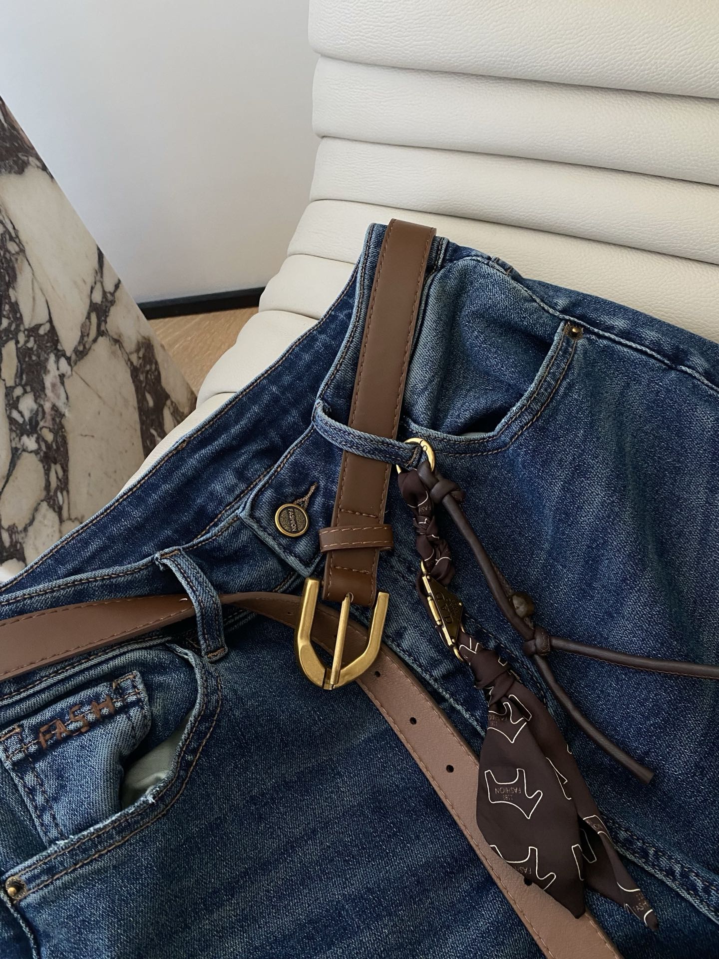 High Waist Flared Jeans with Belt - Vintage Wash Denim, Comfortable Fit 4 i1755857820675 8498 0 3