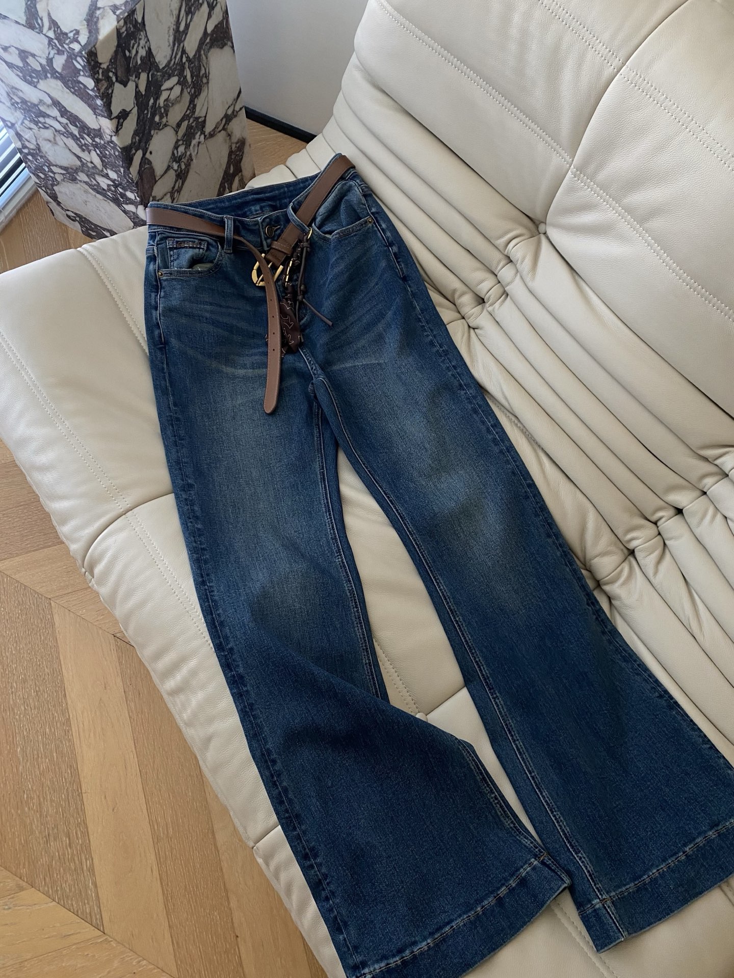 High Waist Flared Jeans with Belt - Vintage Wash Denim, Comfortable Fit 2 i1755857822002 4156 0 1