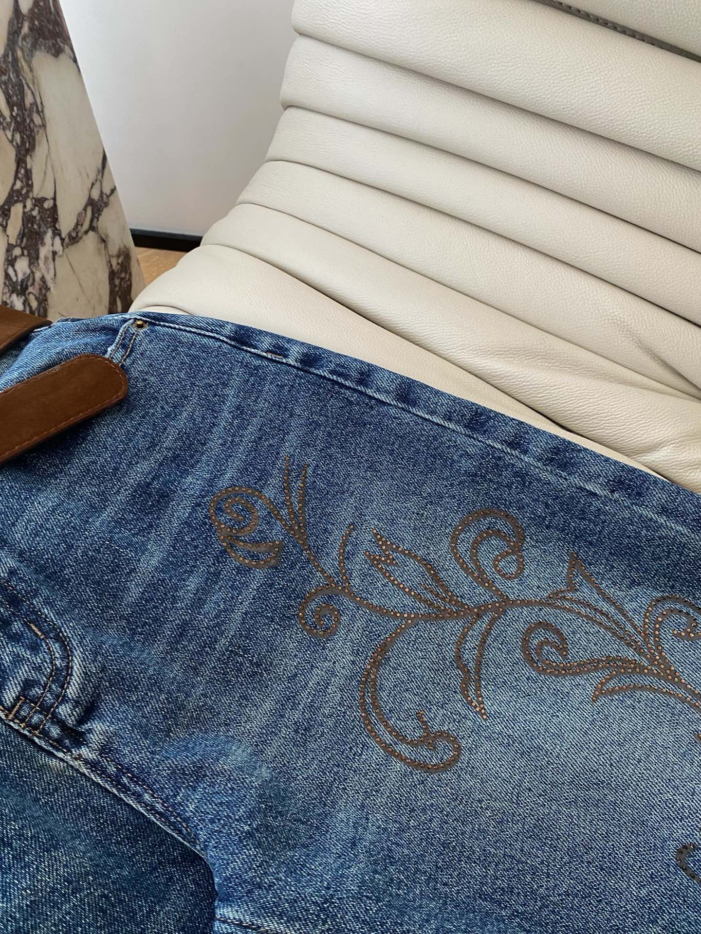 Floral Rhinestone Straight-Leg Jeans with Brown Belt - High Waist Denim 4 i1757234515842 7685 0 2