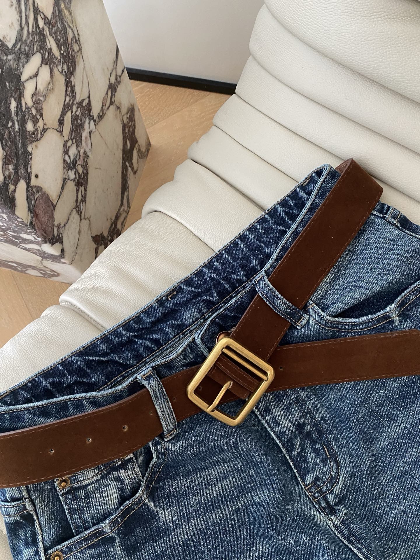 Floral Rhinestone Straight-Leg Jeans with Brown Belt - High Waist Denim 7 i1757234515880 31 0 5