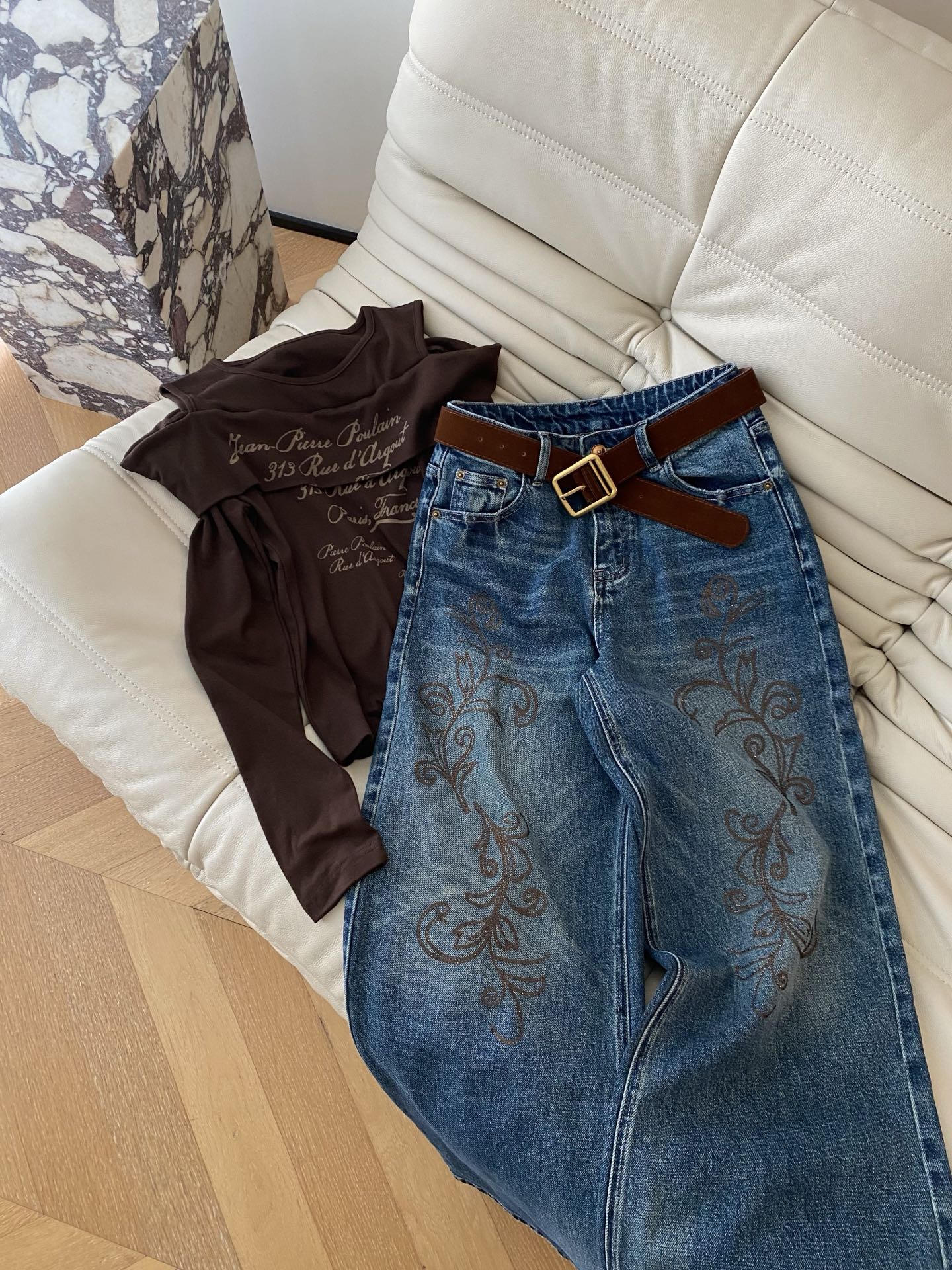 Floral Rhinestone Straight-Leg Jeans with Brown Belt - High Waist Denim 2 i1757234517094 1162 0 0