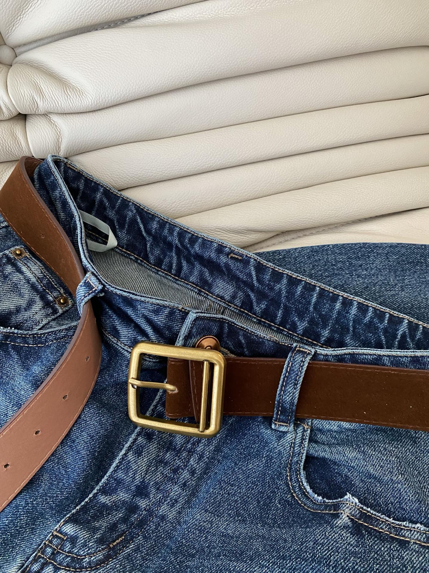 Floral Rhinestone Straight-Leg Jeans with Brown Belt - High Waist Denim 6 i1757234517203 4534 0 4