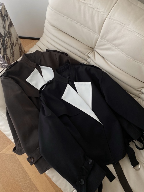 Color Block Belted Short Trench Coat with Oversized Lapel