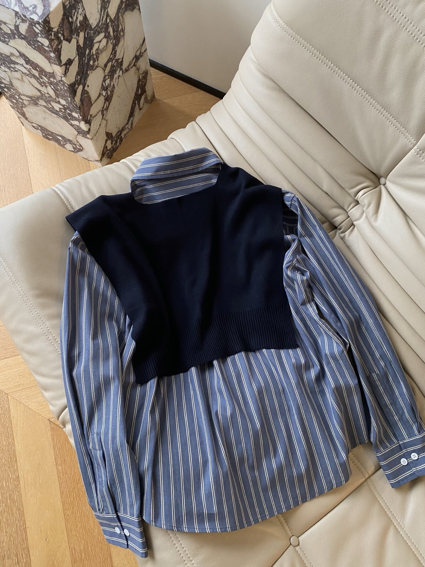 Miu Miu Inspired Striped Shirt with Knitted Shawl Set - Parisian Chic 9 i1758362023511 807 0 7