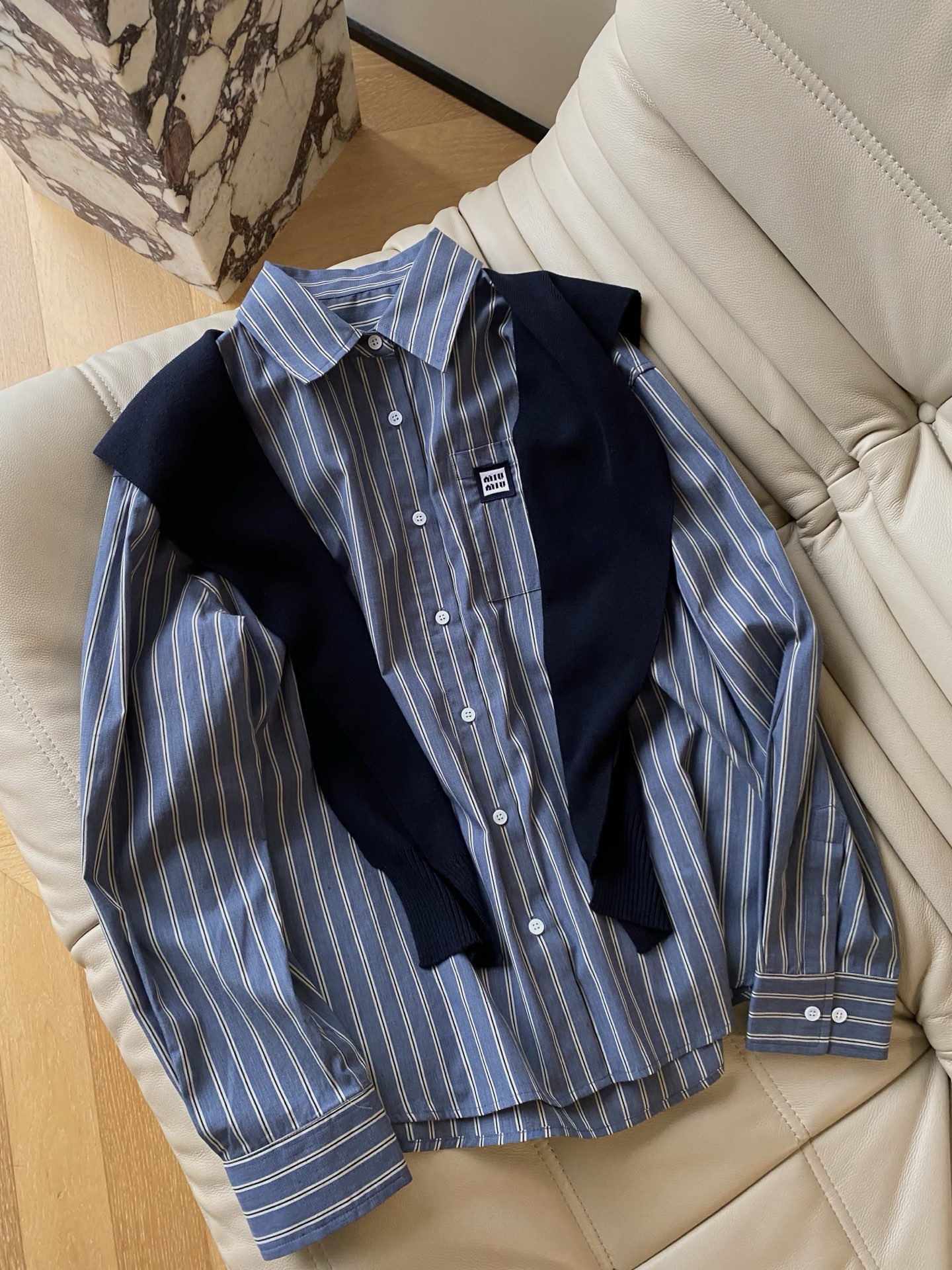 Miu Miu Inspired Striped Shirt with Knitted Shawl Set - Parisian Chic 3 i1758362023554 9270 0 1