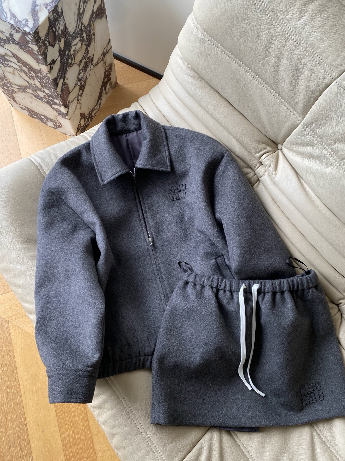 Miu Miu Style Gray Woolen Suit: Collar Coat and Skirt Set