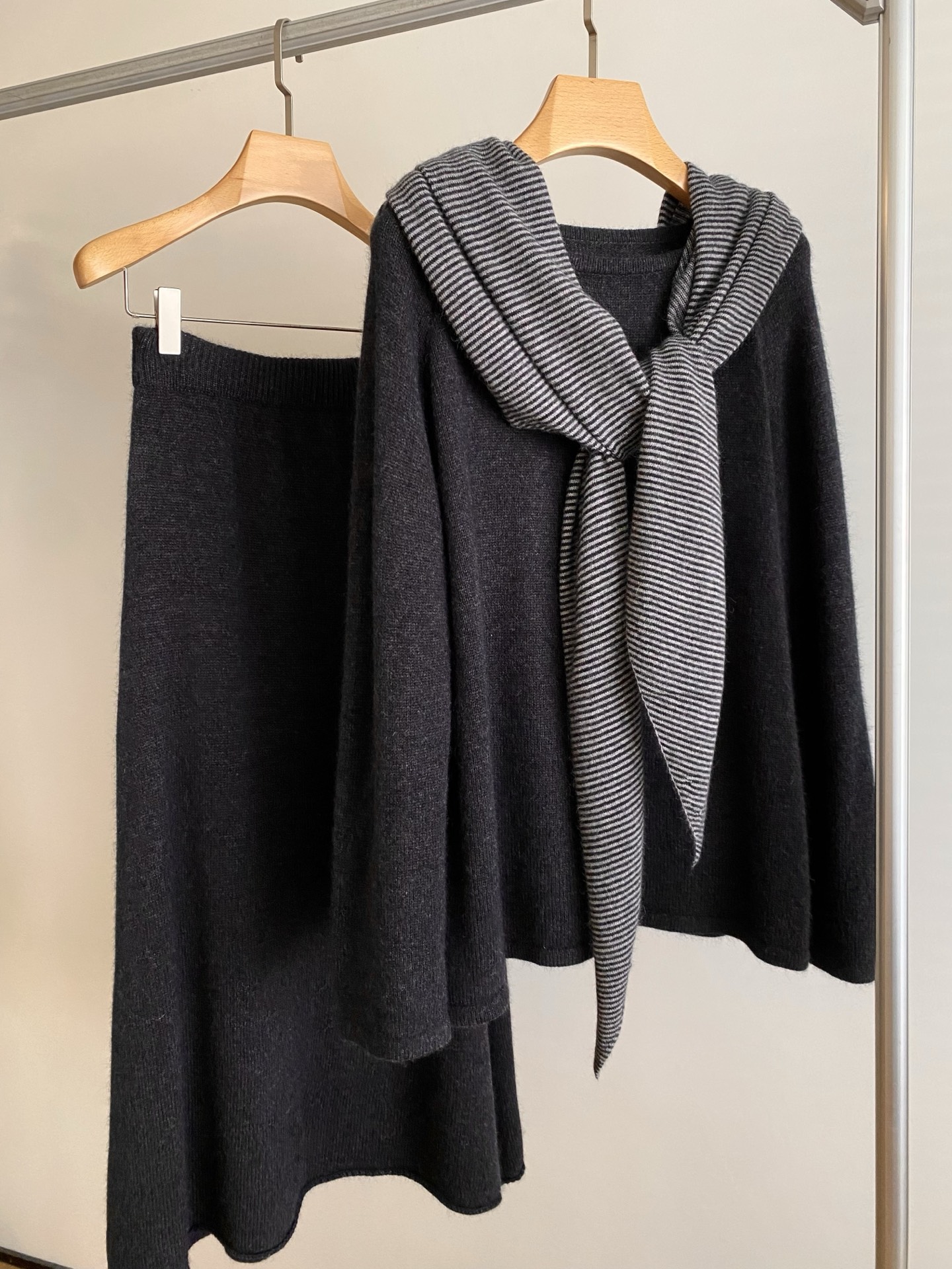 Striped Wool Blend Poncho Skirt Set – Chic Autumn/Winter Style