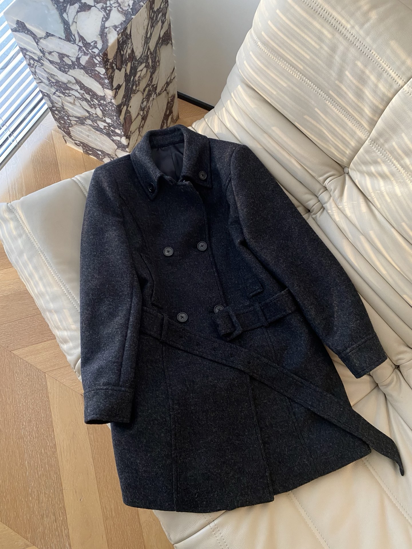 Elegant Wool Blend Overcoat – Double-Breasted, Belted Waist, Dark Gray