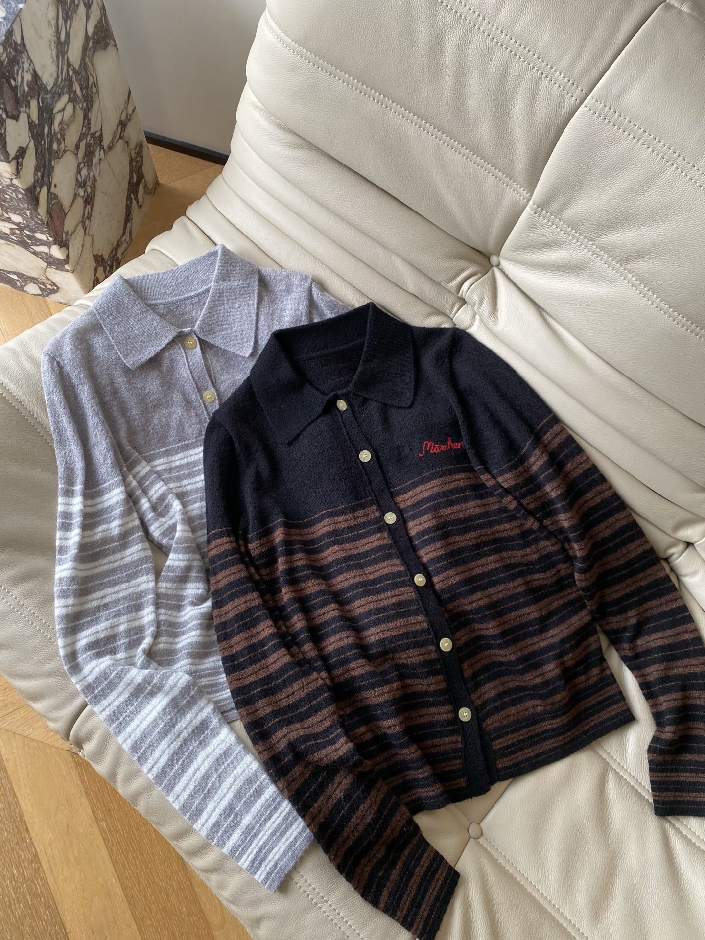 Elegant Striped Knit Cardigan with Collar & Embroidered Detail – Versatile & Chic