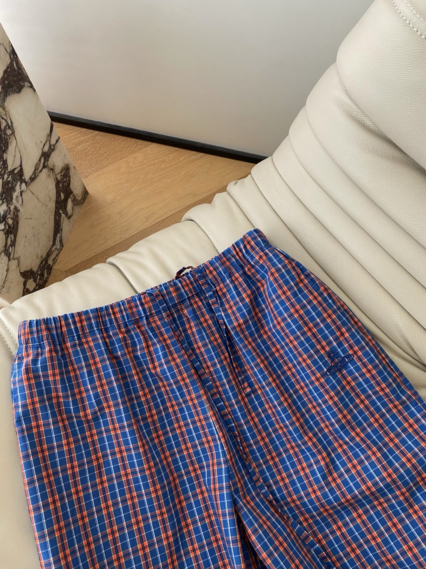 26SS 春夏新款 | 蓝橙撞色复古格纹土星刺绣抽绳阔腿裤，甄选透气轻薄棉麻感面料打造垂顺宽松阔腿版型，