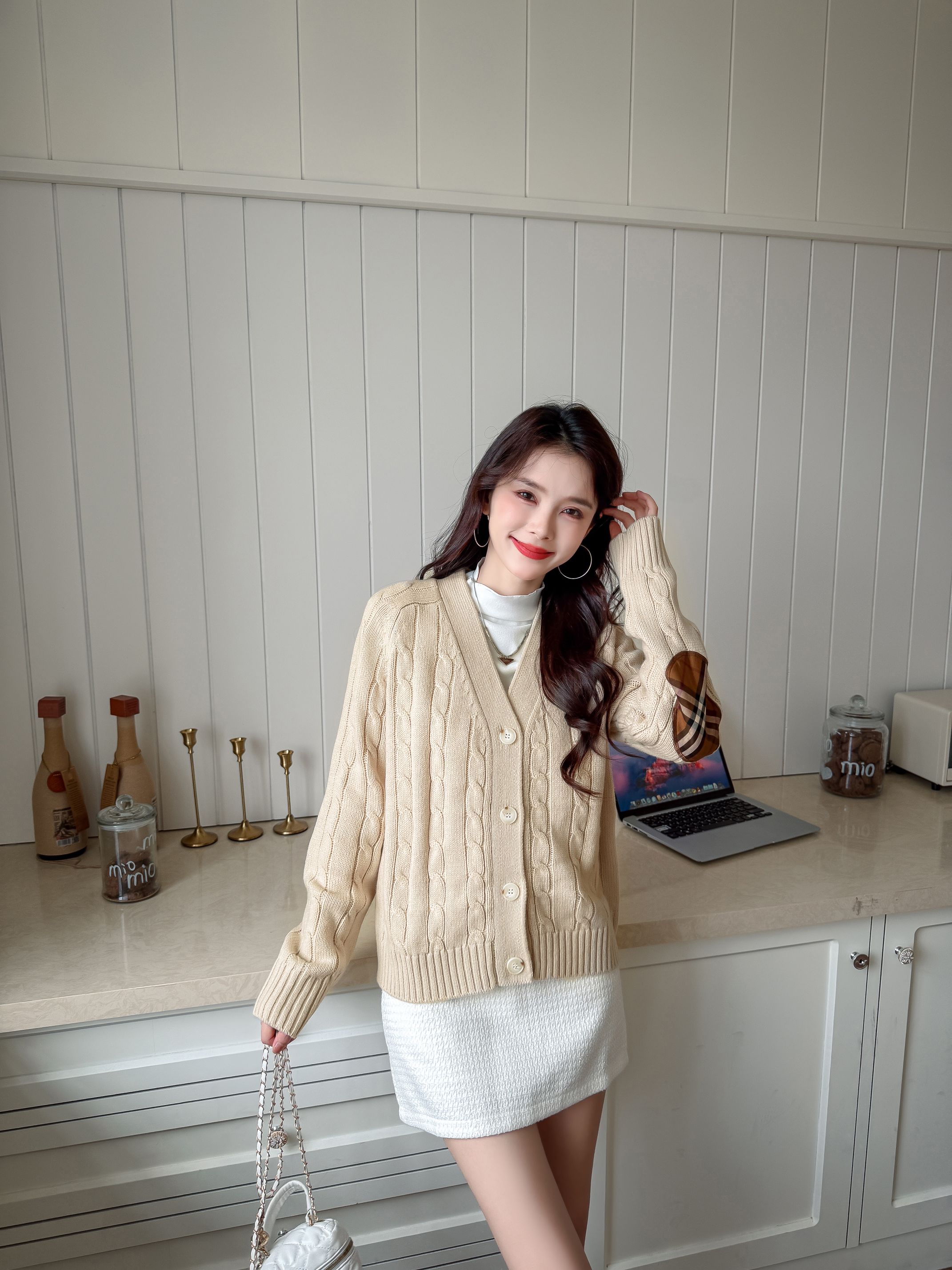 BIABETTY Women's Cable Knit Cardigan Sweater with Elbow Patches