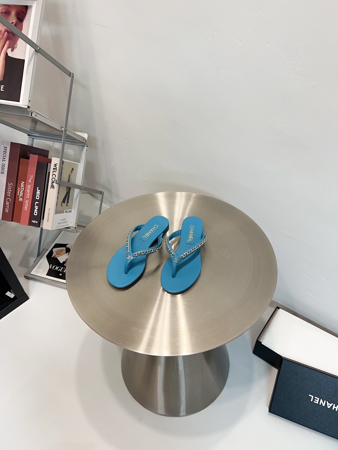 NO:238544,Blue chain flip flops, split toe shoes19860909蓝色 链条人字拖,分趾鞋,Women's Shoes
