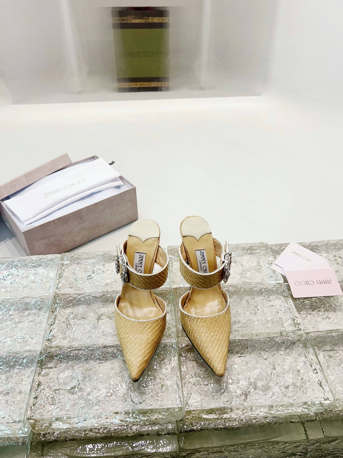 JIMMY CHOO Escarpins Sandales à talons Sandales ouvertes à l'arrière Escarpins à bout pointu Sangle en cristal + cuir de mouton importé Cuir de mouton grainé cristal