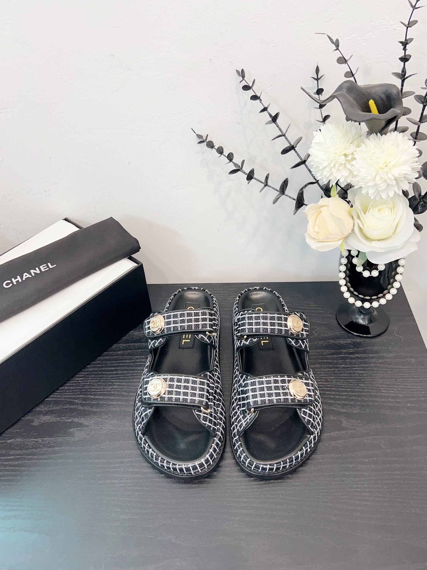 NO:252453,Black and white ginger - semi-conveyed, semi-conveyed sandals, sandals19860909黑白格布-半拖,半拖凉鞋,sandals,Women's Shoes