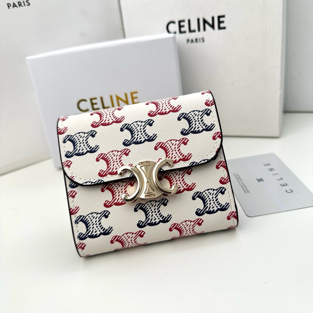 Celine Wallet Blue Red Printing Cowhide Fashion