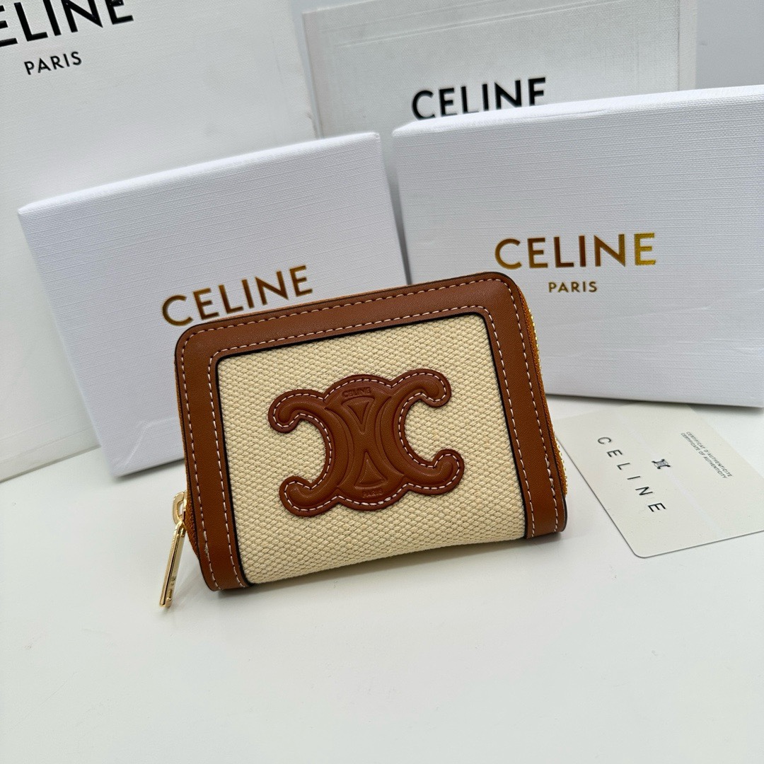 7 Star
 Celine Wallet Brown White Calfskin Canvas Cowhide Triomphe