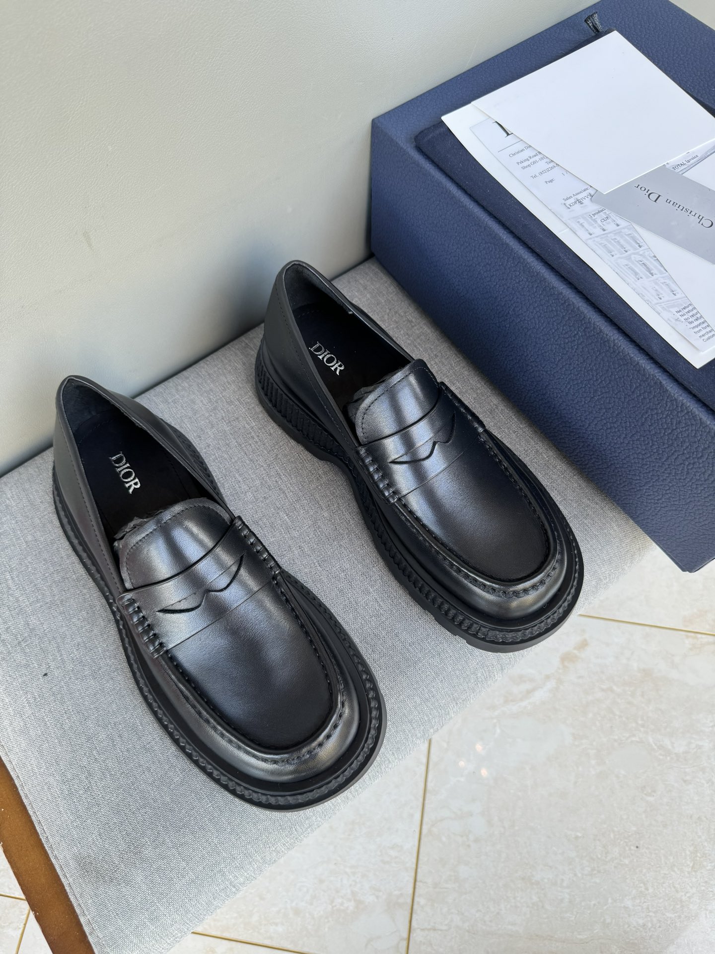 Dior Leather Loafers Black Color Handmade Stitching Rubber Sole, Sizes 39-44