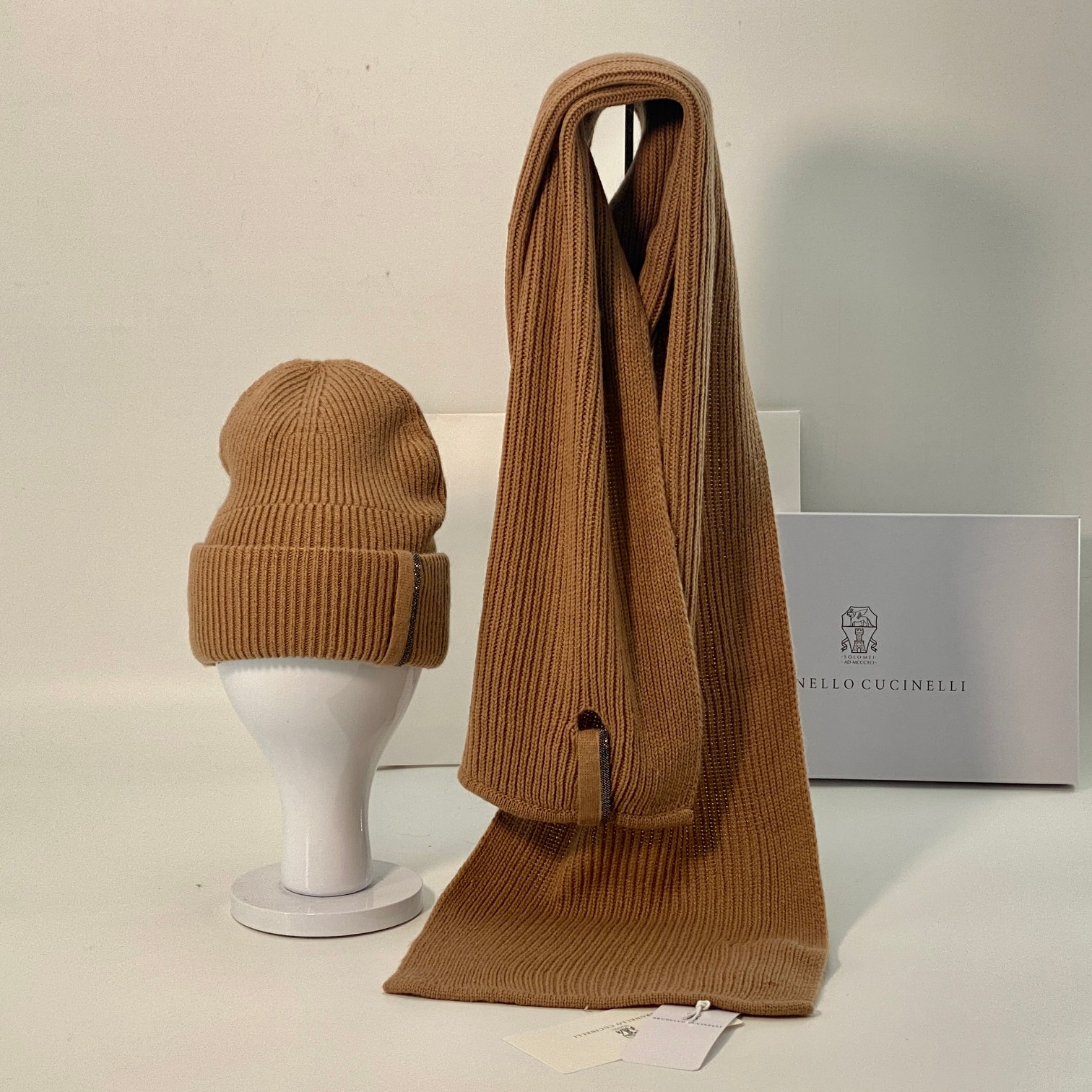 Brunello Cucinelli Ribbed Knit Wool Hat and Scarf Set - Caramel 2 a1701348331296 3435