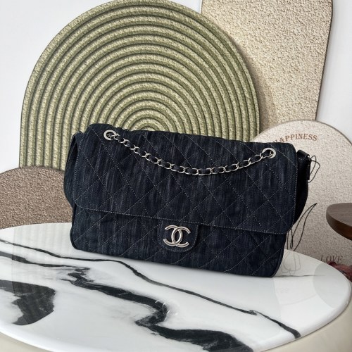 Chanel 1 XXL Denim Messenger Bag with Silver Chain - Unisex Style 1 Chanel 1 XXL Denim Messenger Bag with Silver Chain - Unisex Style