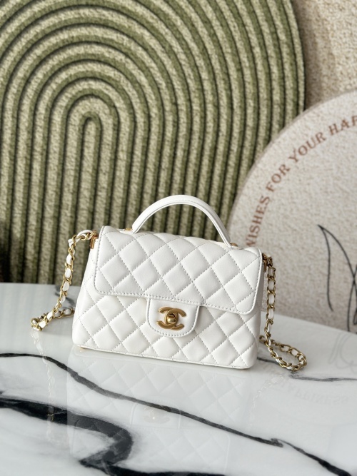 Chanel White Quilted Leather Top Handle Flap Bag with Chain Strap