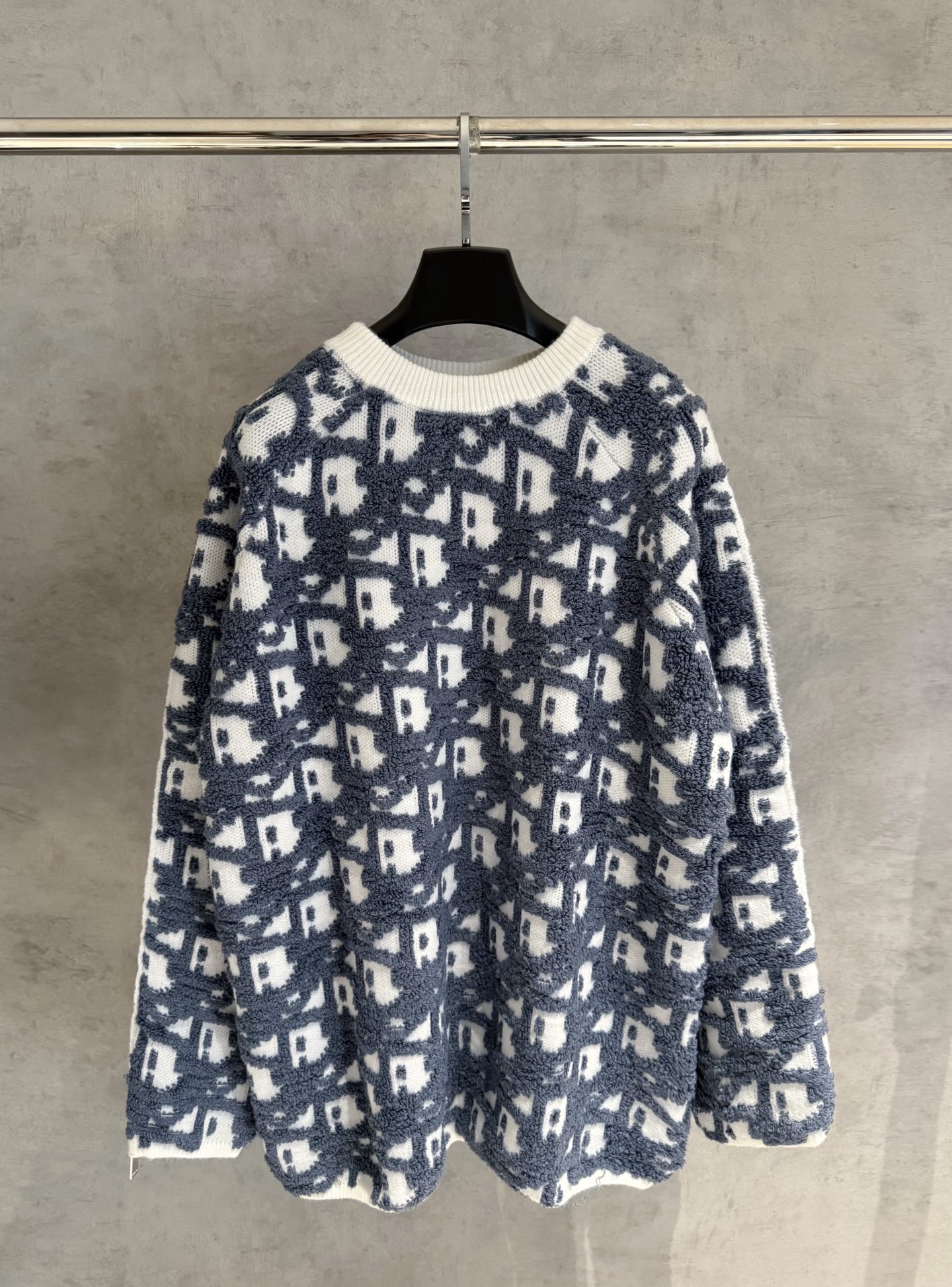 Dior Oblique Jacquard Wool Blend Crewneck Sweater in Blue and White