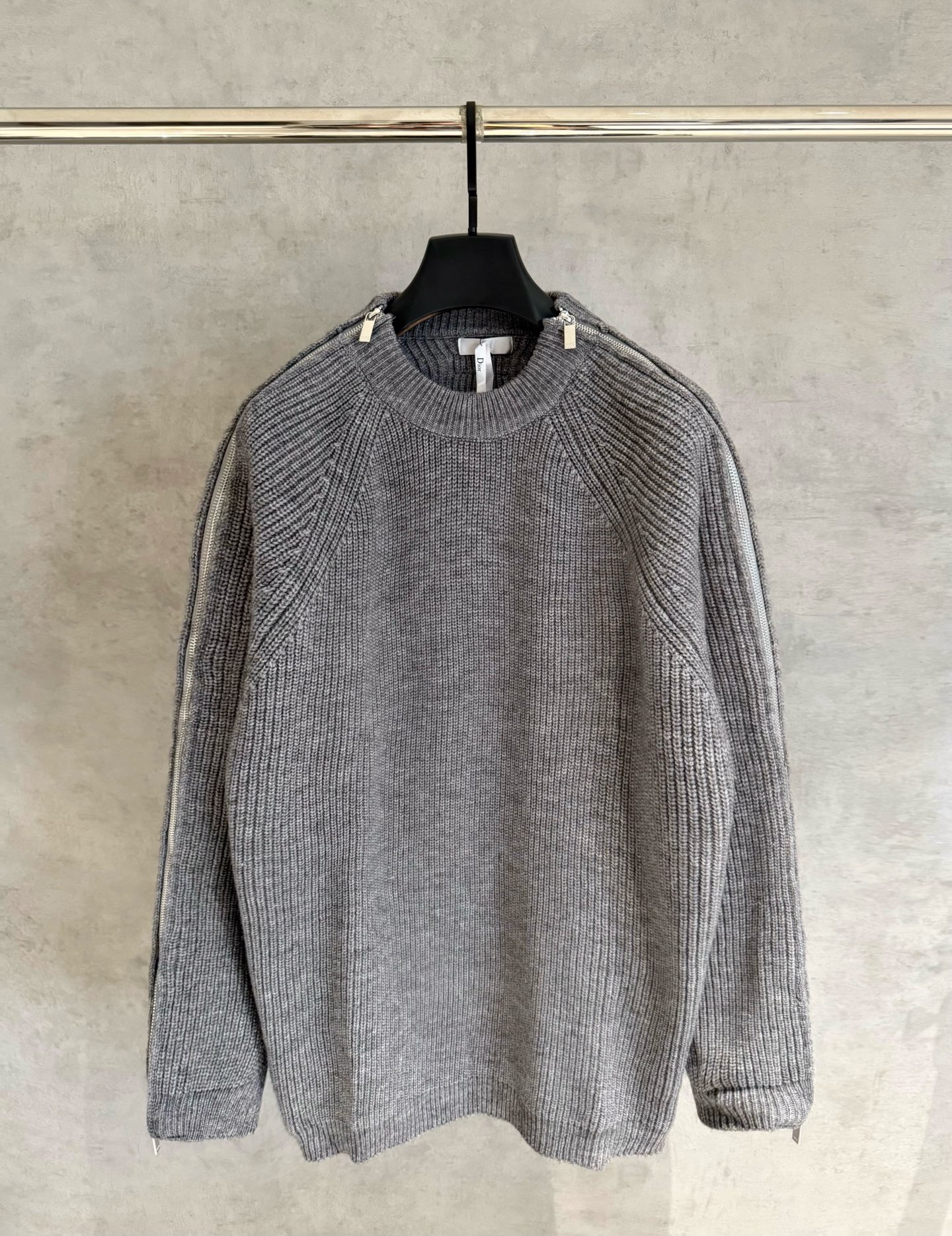 Dior Men's Gray Ribbed Knit Sweater with Zipper Detail