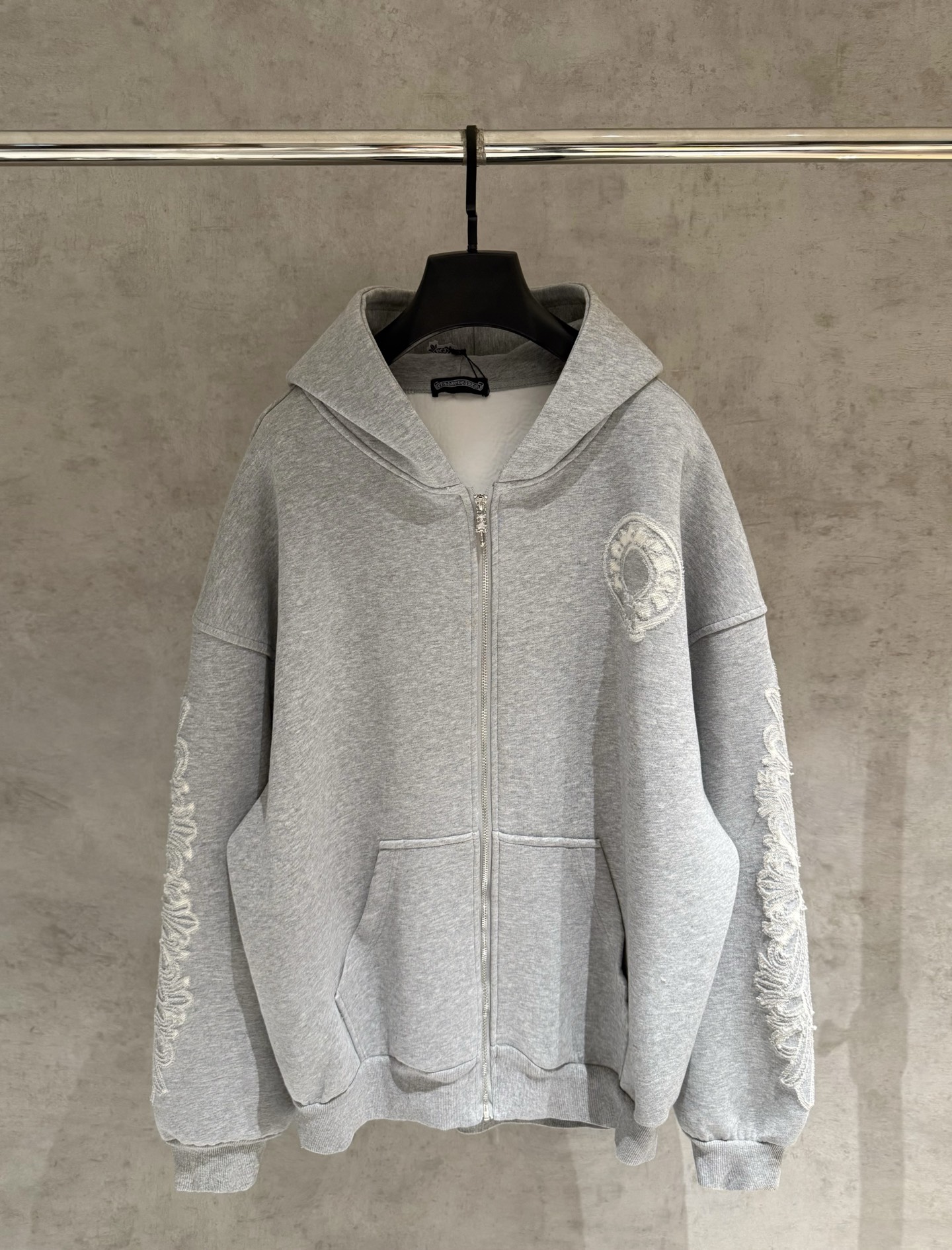 Chrome Hearts Grey Zip-Up Hoodie Heavyweight Cotton Laser Burn Details