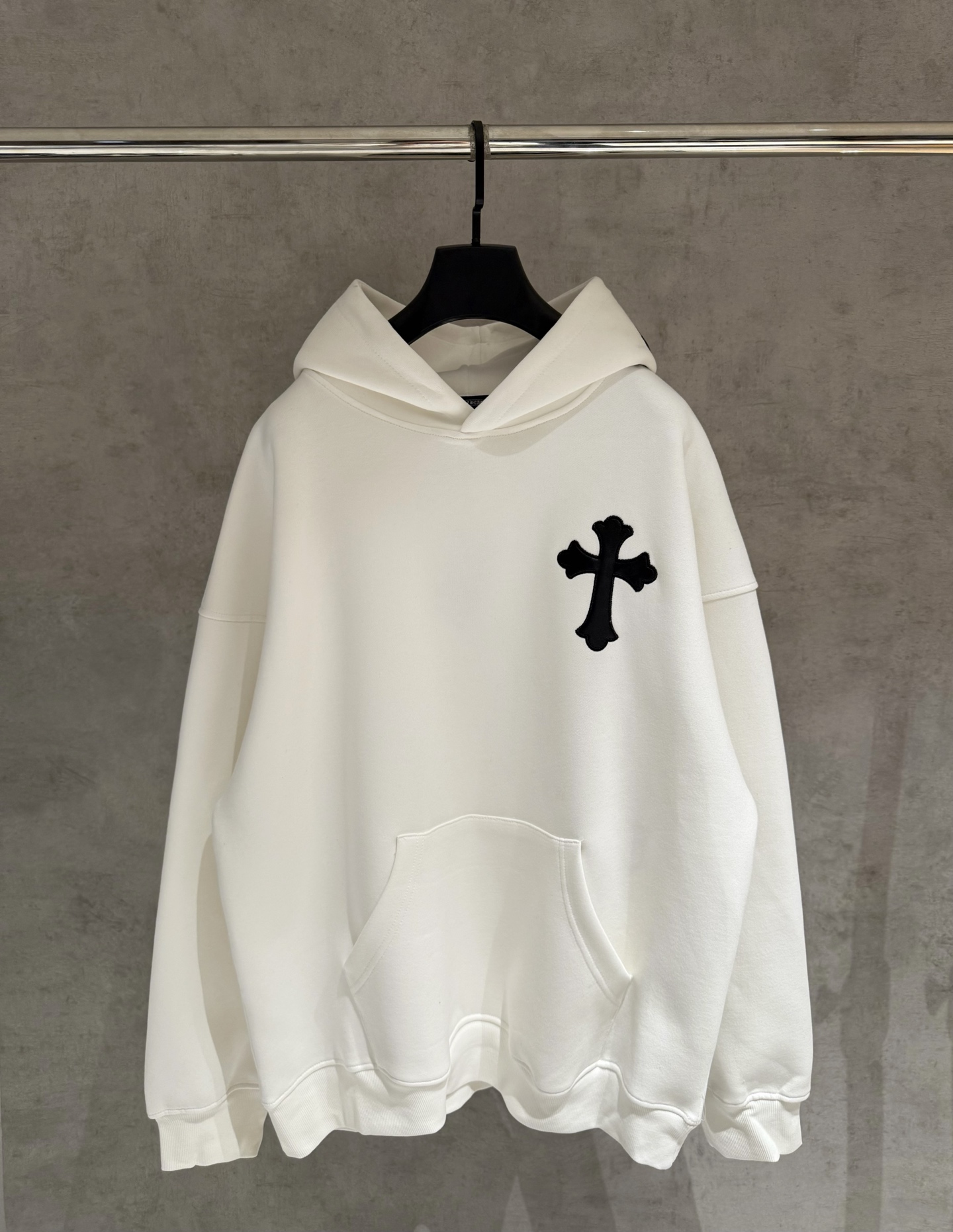 Chrome Hearts White Pullover Hoodie with Cross Patch, Heavyweight Cotton