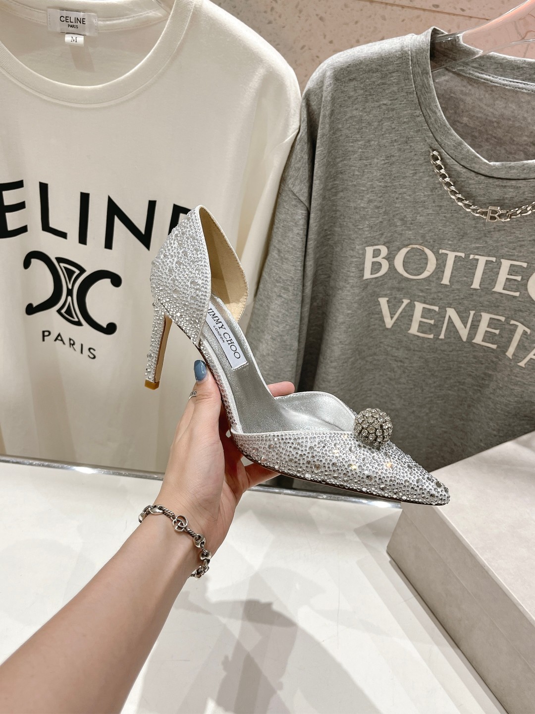 高版本出厂 JIMMY CHOO*｜JC/吉米周ss夏季新款简约小猫跟尖头烫钻高跟鞋单鞋原版套楦，完美的