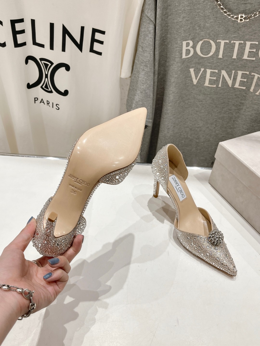 高版本出厂 JIMMY CHOO*｜JC/吉米周ss夏季新款简约小猫跟尖头烫钻高跟鞋单鞋原版套楦，完美的