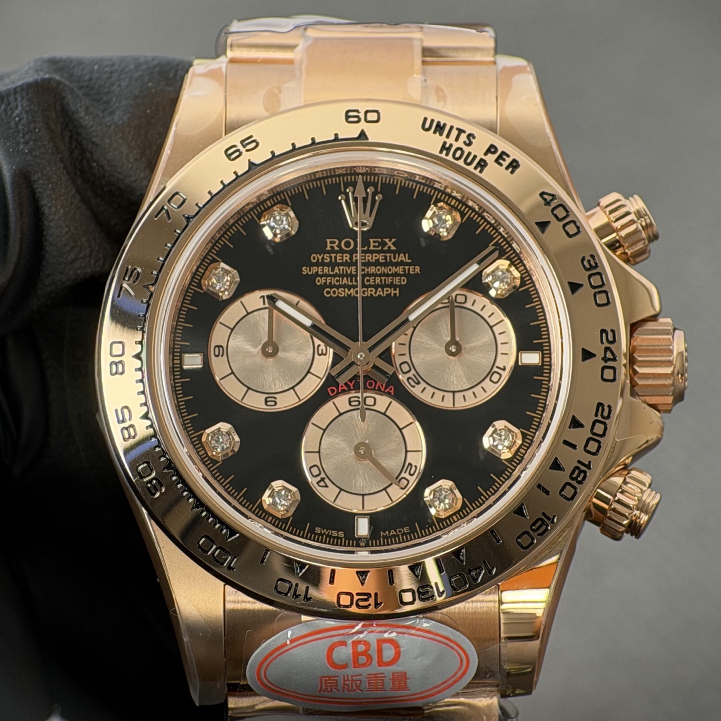 NO:881876,Produced by genuine CBD, you will get your money back!  Rose gold black dial diamond engraved gold eye Daytona movement,19860909真CBD出品,掉皮包退！玫瑰金黑盘钻刻金眼睛迪通拿机芯,,Watch