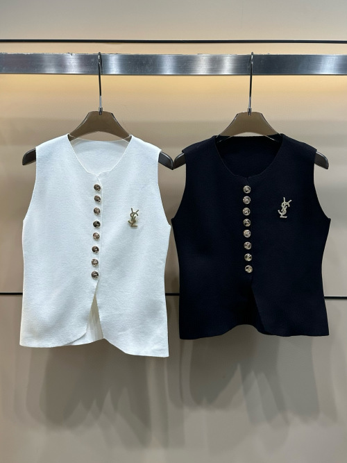 Yves Saint Laurent Gold Button Knit Vest with Brooch - Stylish and Chic 1 Yves Saint Laurent Gold Button Knit Vest with Brooch – Stylish and Chic