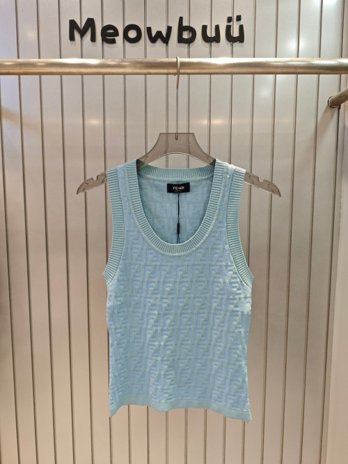 Fendi Double F Logo Jacquard Knit Tank Top, Blue Sleeveless Vest For Women 1 Fendi Double F Logo Jacquard Knit Tank Top, Blue Sleeveless Vest For Women