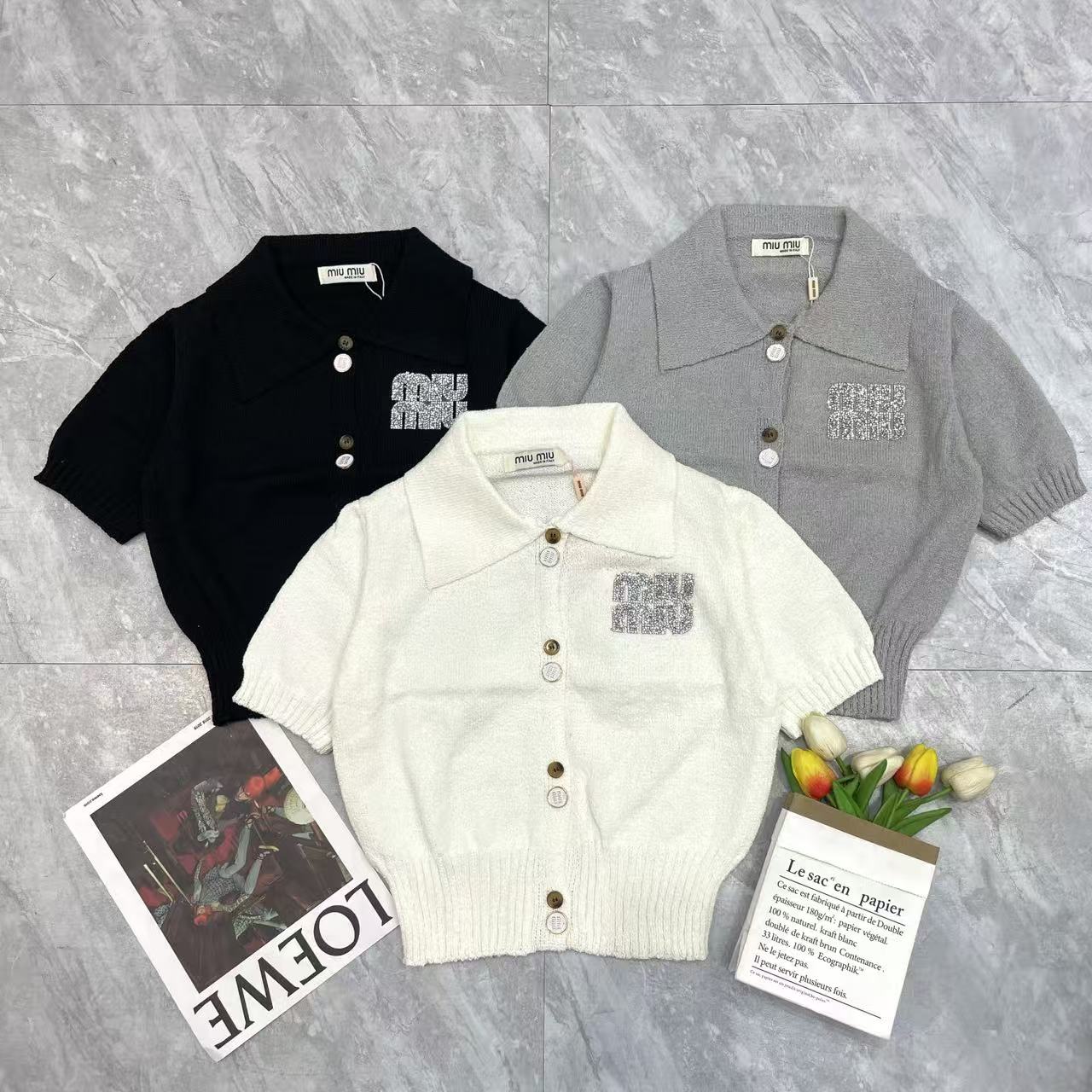 NO:738957,Miu Miu lapel big button cardigan short sleeve, T-shirt,19860909缪缪翻领大小扣开衫短袖,,T-shirt,,Women's clothing