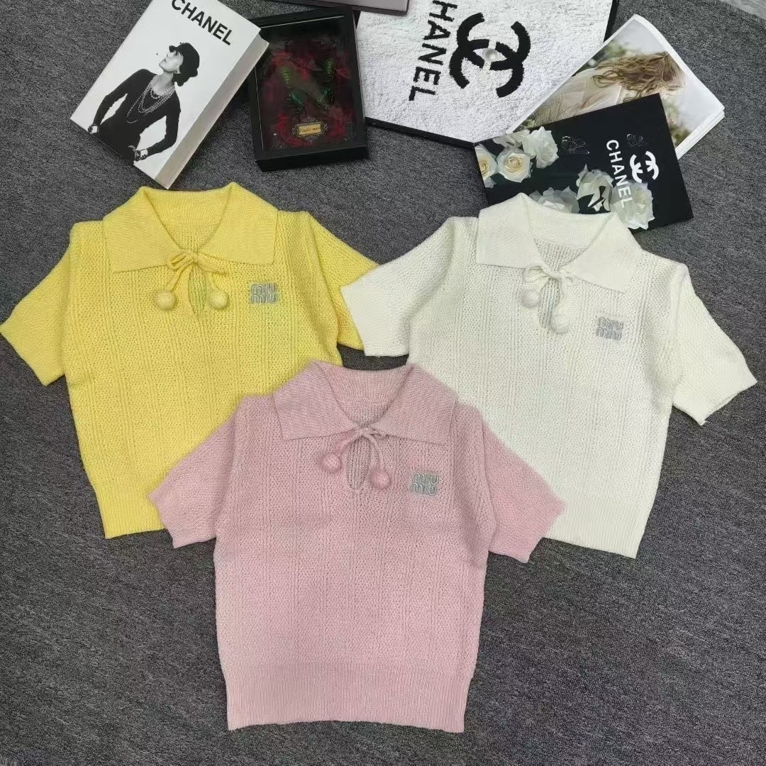 NO:757449,Miu Miu lace-up lapel short-sleeved, T-shirt,19860909缪缪系带翻领短袖,,T-shirt,,Women's clothing