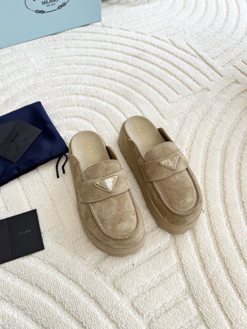 Prada Women's Suede Platform Mules with Logo Detail, Beige - Size 35-40 1 Prada Women's Suede Platform Mules with Logo Detail, Beige - Size 35-40