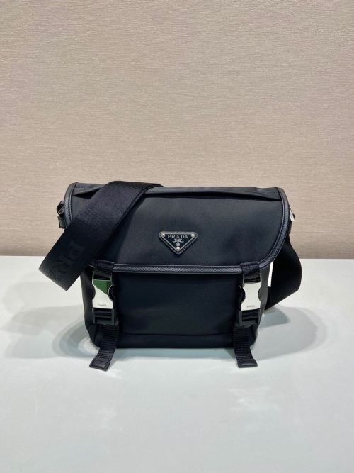 Prada Re-Nylon Messenger Bag with Leather Details - Black, 20cm x 19cm