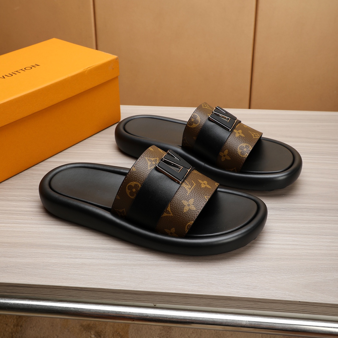 Louis Vuitton Men's Monogram Embossed Leather Sandals Slides - Slip On