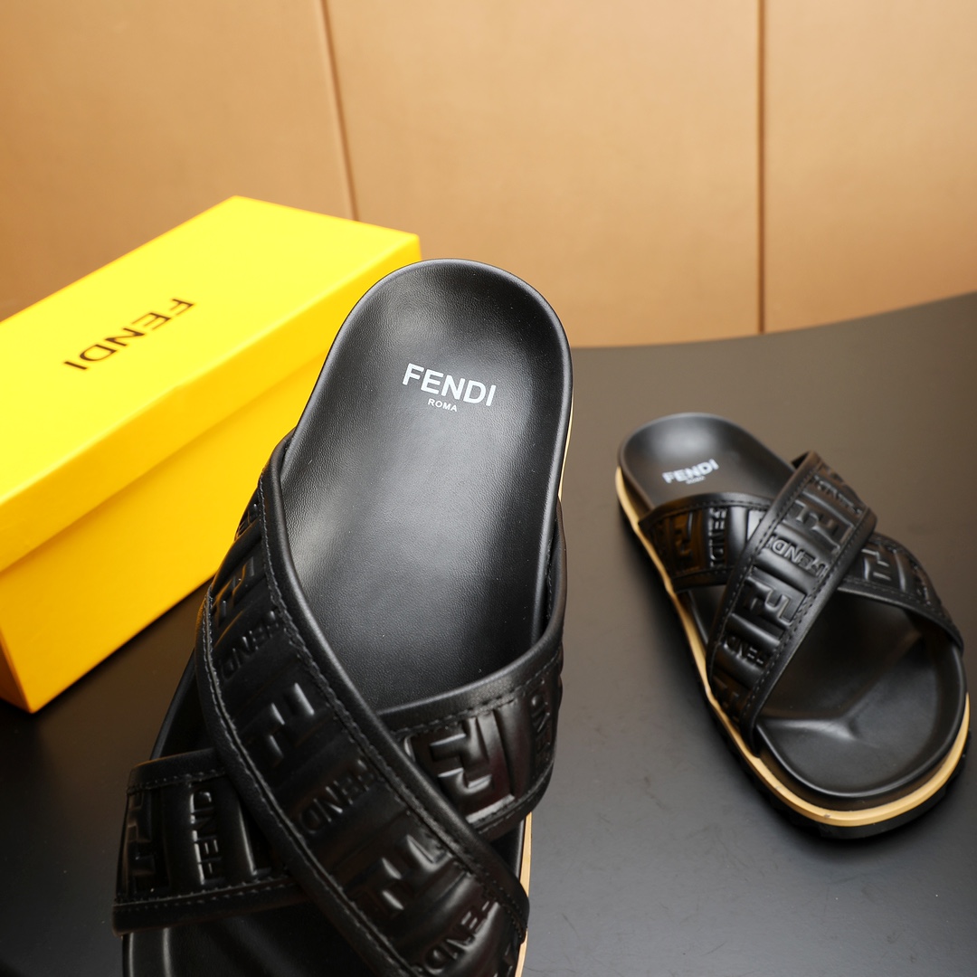 Fendi Men's Elegant Leather Cross Strap Slides Sandals, Black, Size 38-46 9 i1723733092 1061 5