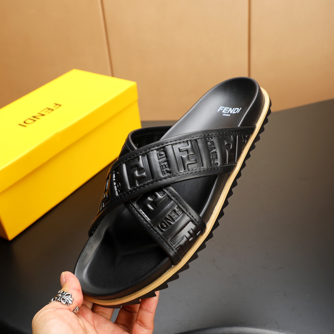 Fendi Men's Elegant Leather Cross Strap Slides Sandals, Black, Size 38-46 7 i1723733092 1704 0